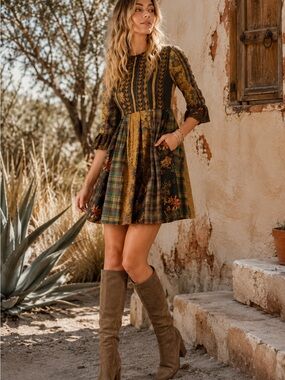Patchwork Embroidered Floral & Plaid Mini Dress size M